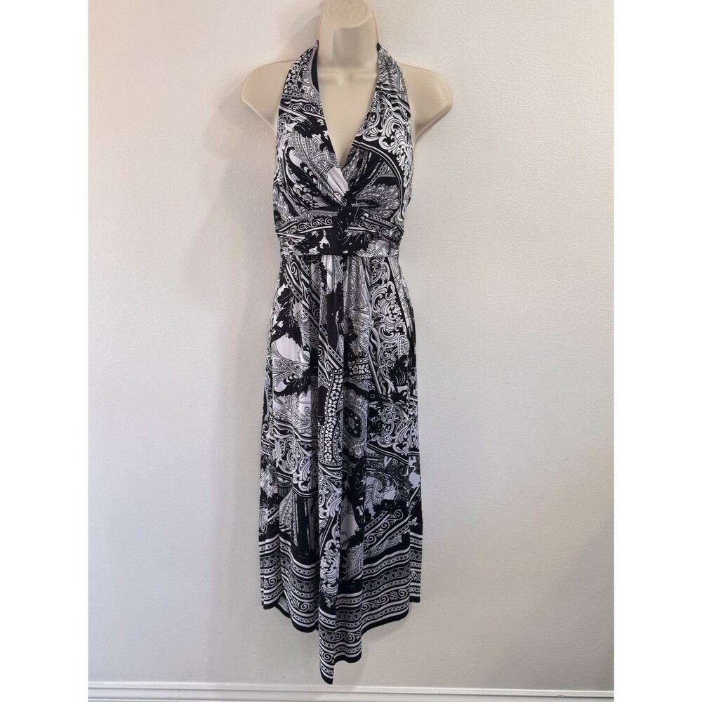 Soma Midi Dress S Halter Built in Bra Black White Floral Paisley Bandana Stretch